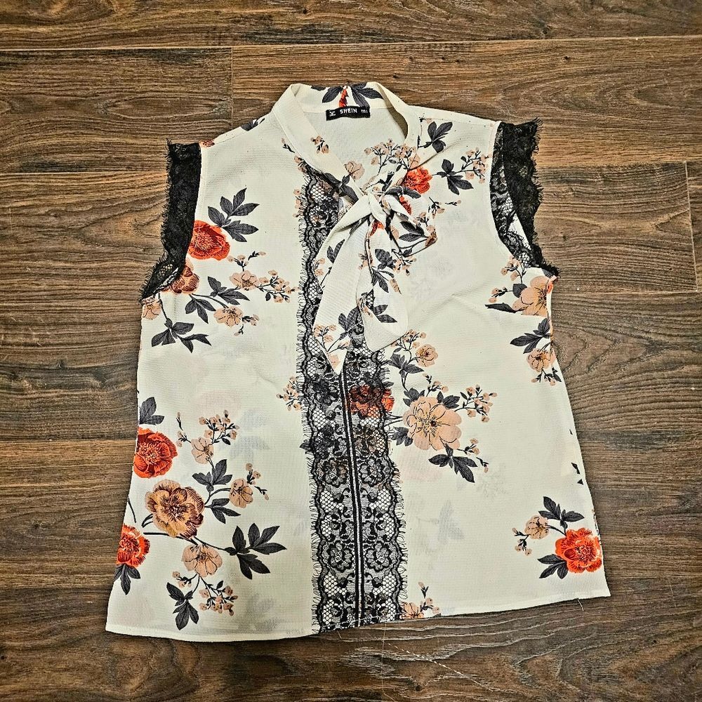 SHEIN Red Floral Black Lace Sleeveless Blouse L